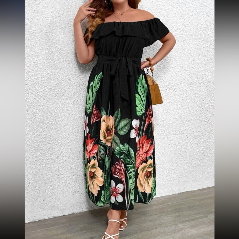 Plus size floral print off shoulder belted ruffle trim maxi dress - Picture 6 of 8